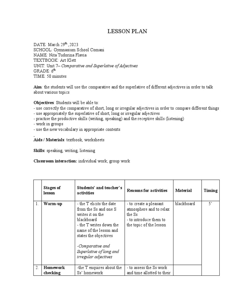 Comparative and Superlative Lesson Plan | PDF | Adjective | Cognition