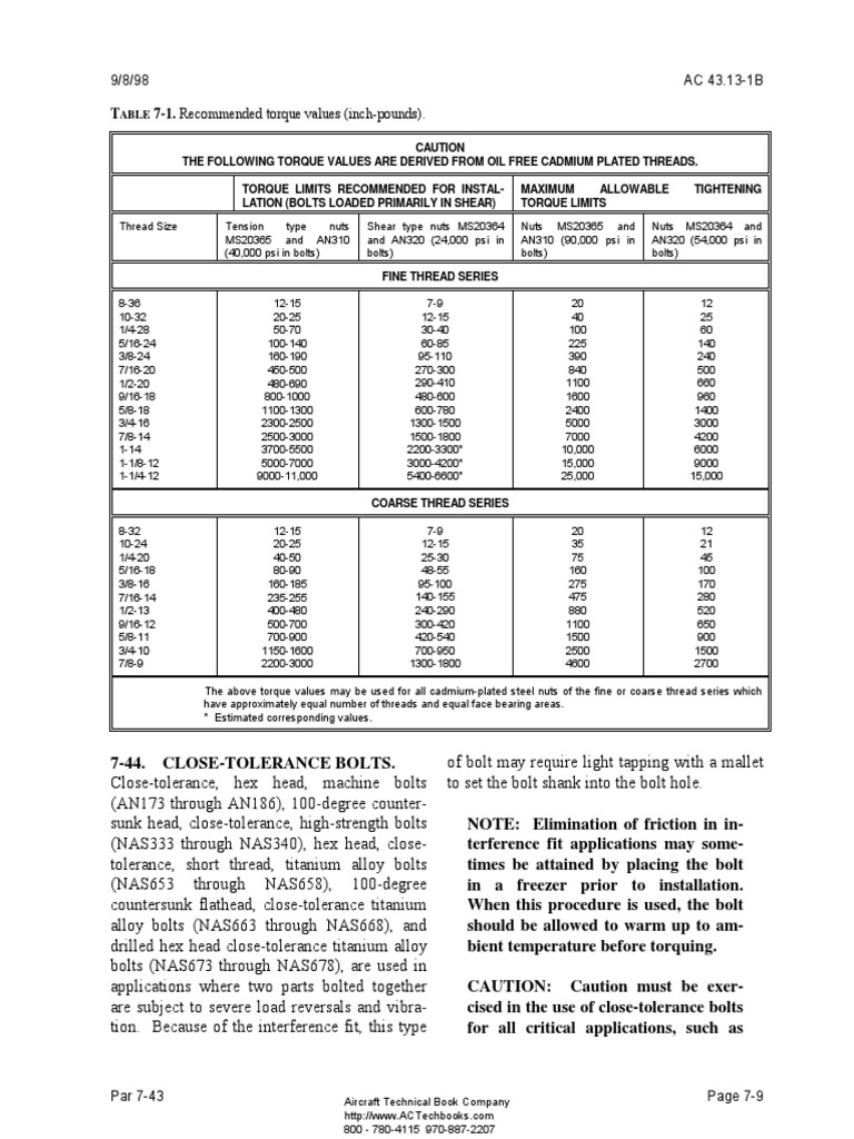 Aircraft Bolt and Nut Torque Values | PDF | Screw | Nut (Hardware)