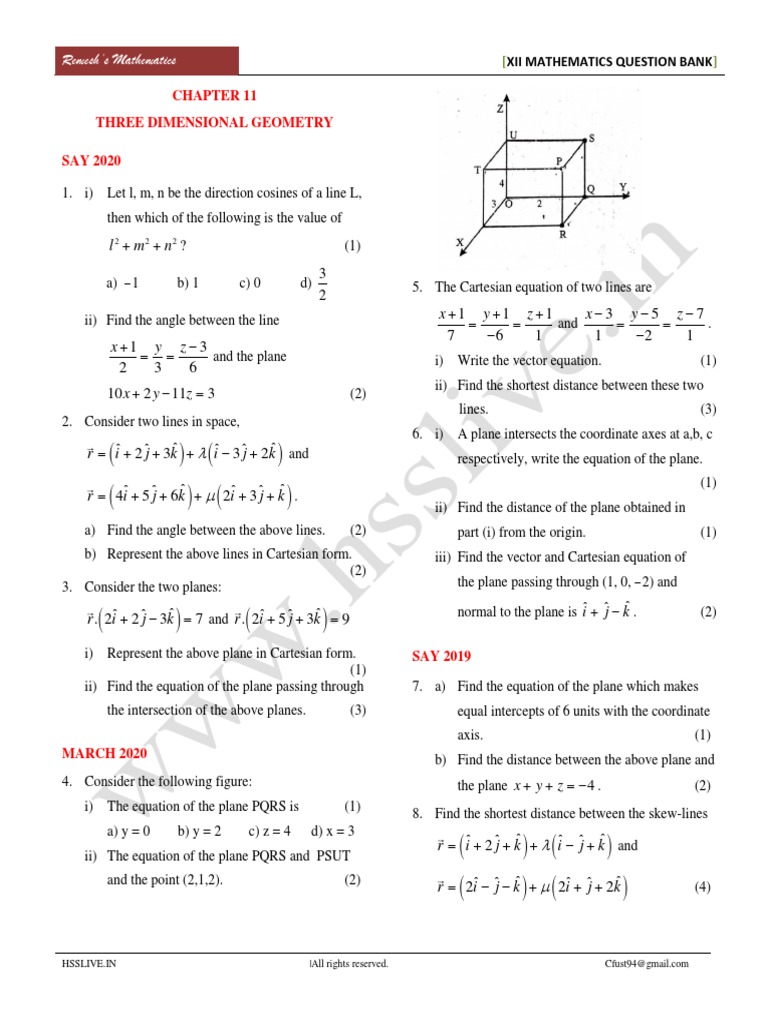 Three-Dimensional Geometry Question Bank | PDF | Line (Geometry ...