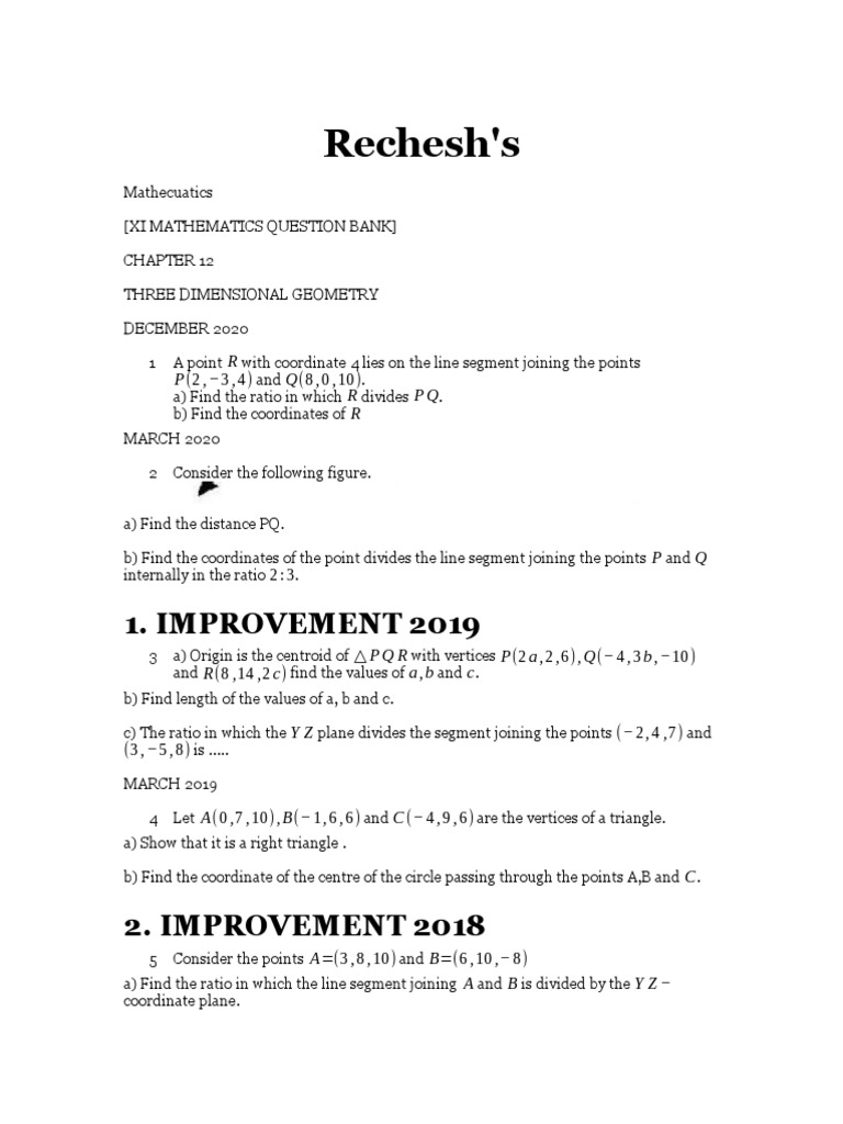 XI Mathematics: 3D Geometry Question Bank | PDF | Triangle | Euclidean ...