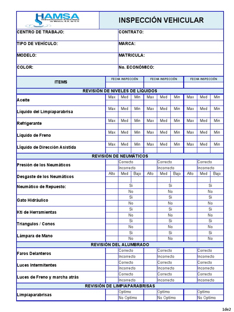 Planilla de Inspección Vehicular 2025 | PDF | Vehículos terrestres ...