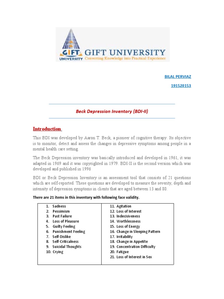 BDI Interpretation PDF Major Depressive Disorder Psychology