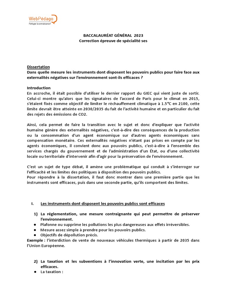 Sujet Bac Français 2022 Pdf Corrigé Bac 2023 - Corrigé SES - Jour 2 | PDF | Subvention | Externalité