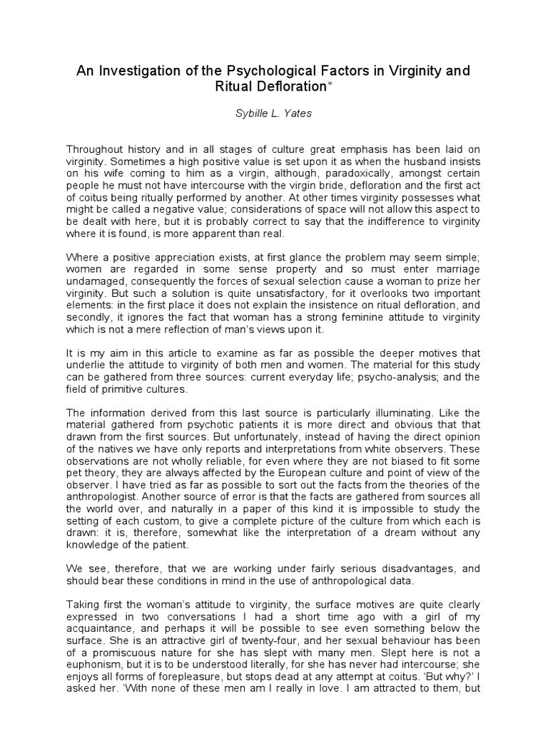 An Investigation of The Psychological Factors in Virginity and Ritual Defloration Sybille L