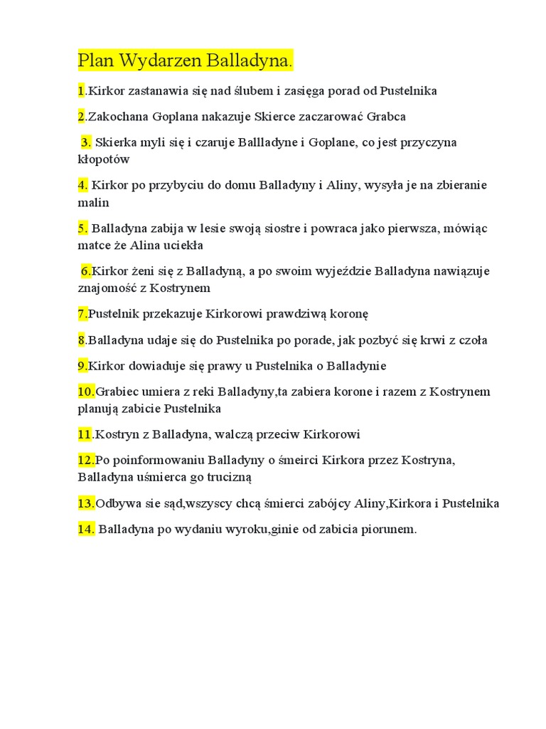 Balladyna Akt 5 Plan Wydarzeń Plan Wydarzen Balladyna | PDF
