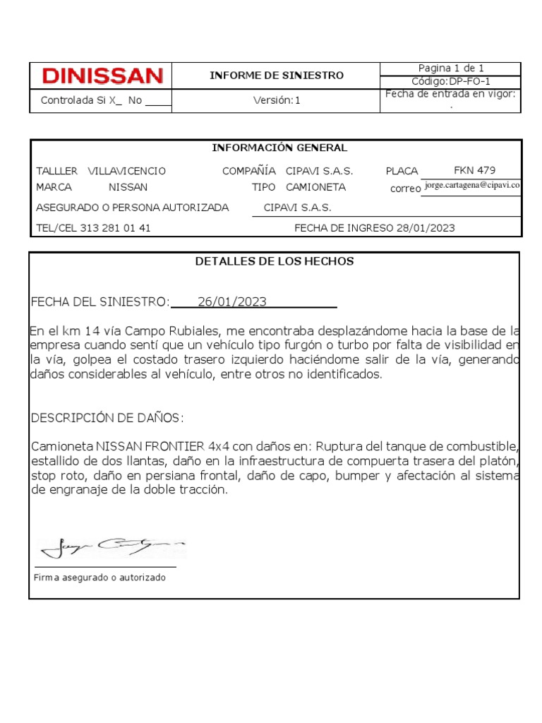 Informe Siniestro Camioneta FKN-479 (26-01-23) | PDF | Seguro | Junta ...