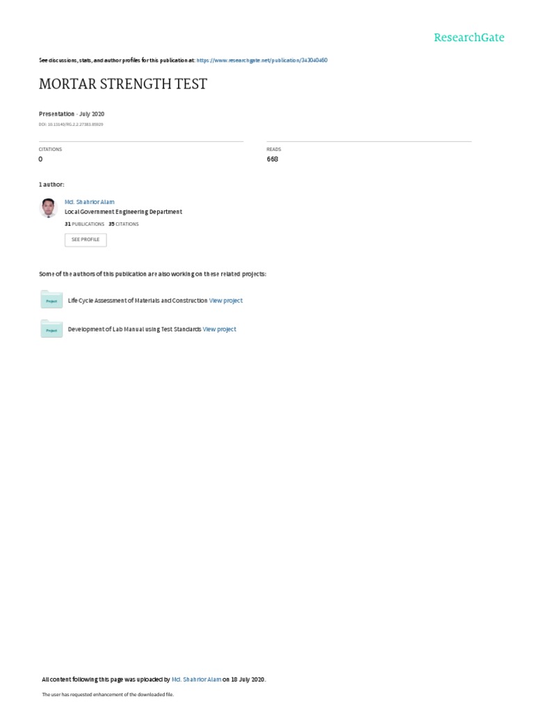 Mortar Strength Test PDF Cement Mortar (Masonry)