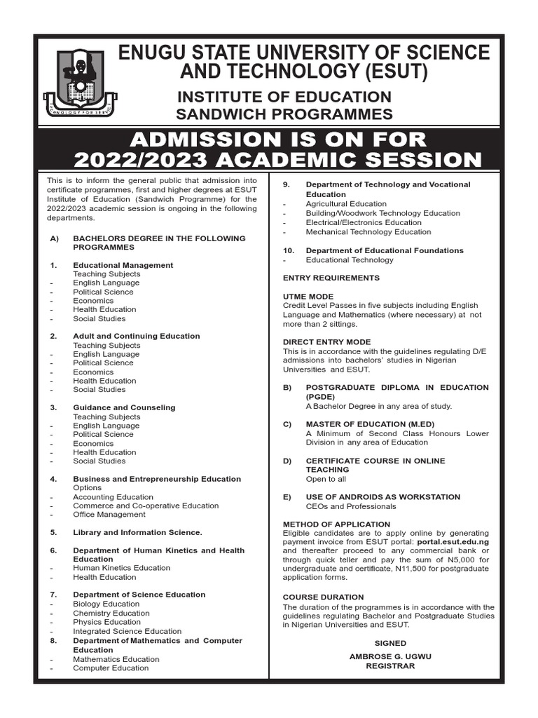 ESUT Sandwich Programmes Admission 2022/2023 | PDF | Bachelor's Degree ...