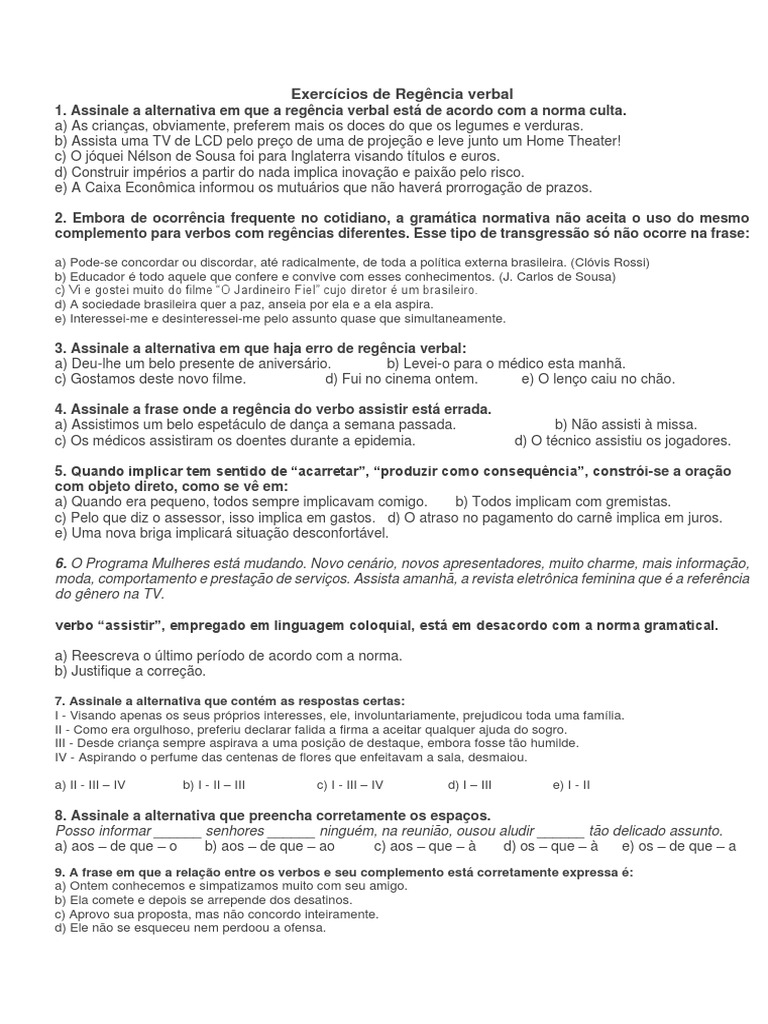 Exercícios de Regência Verbal 7 Fase PDF | PDF