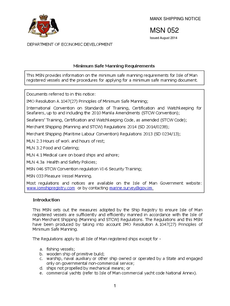 MSN 052 Minimum Safe Manning Requirements PDF Ships Shipping