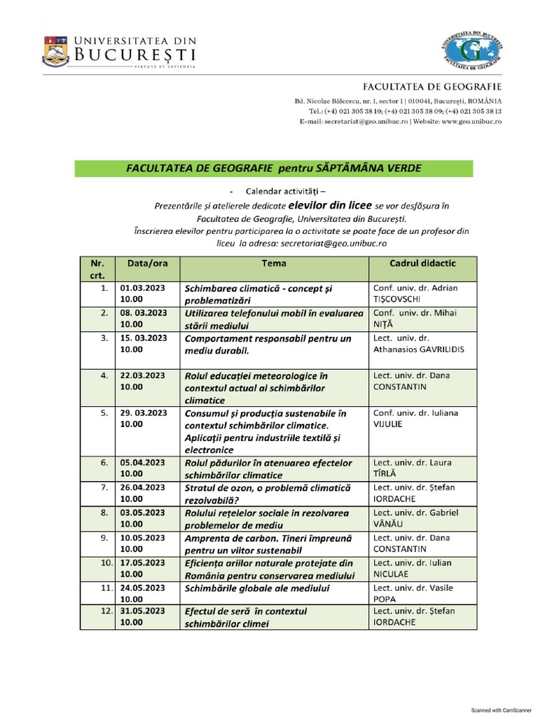 Calendar Saptamana Verde in Fac de Geografie | PDF
