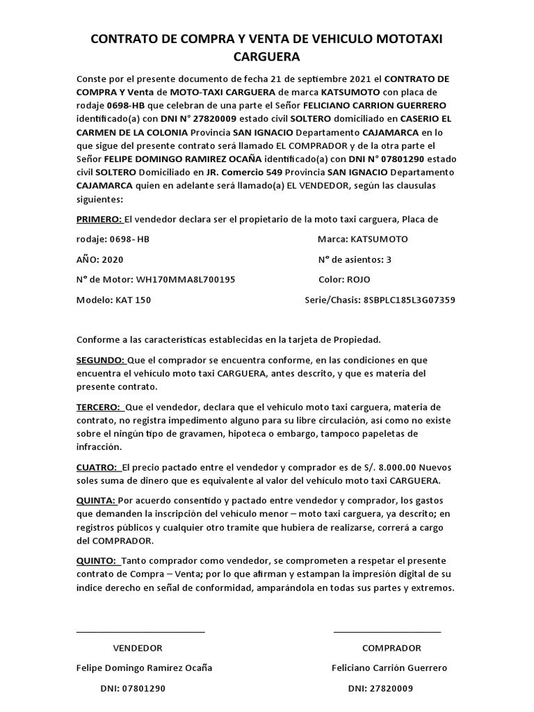 Contrato de Compra y Venta de Vehiculo Mototaxi Carguera | PDF | Ley ...
