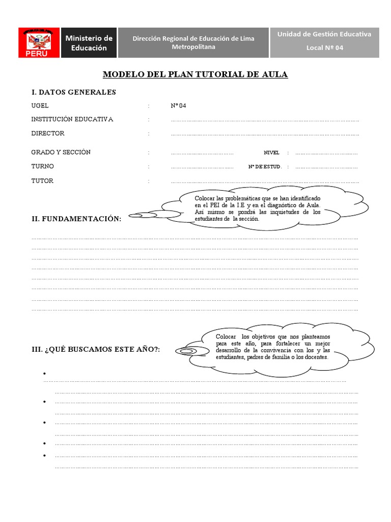 Plan Tutorial de Aula en Perú | PDF | Aprendizaje | Modificación de ...