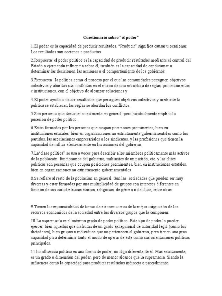 Cuestionario Sobre Poder | PDF | Democracia | Ideologías políticas