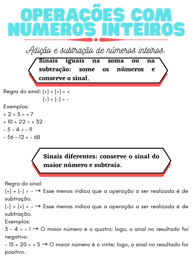 Regras de sinais para operações com números inteiros | PDF