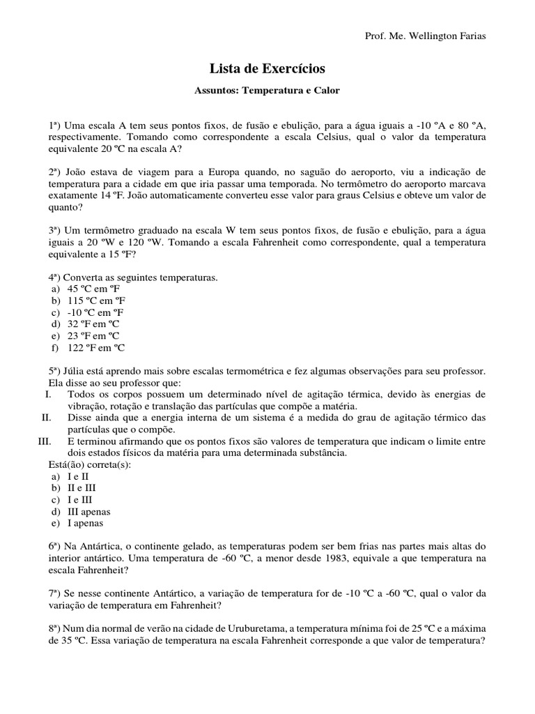 Lista de Exercícios - Temperatura e Calor | PDF | Temperatura | Calor