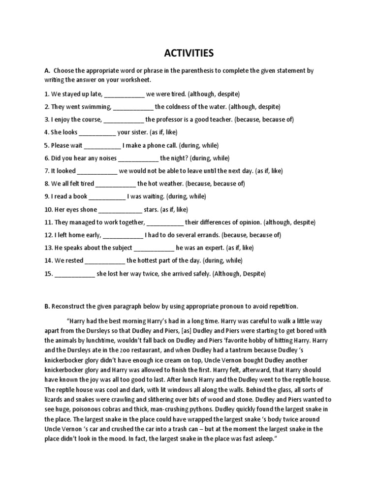 Completing activities using context clues and pronouns pdf snake