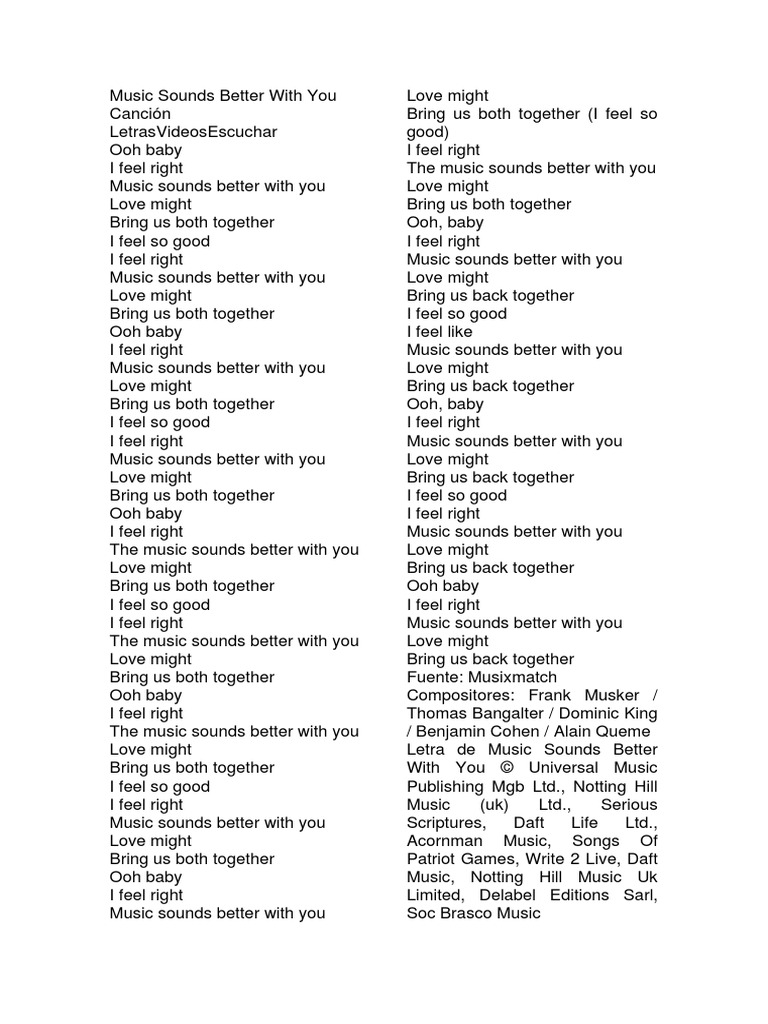 Music Sounds Better With You PDF Songs Written