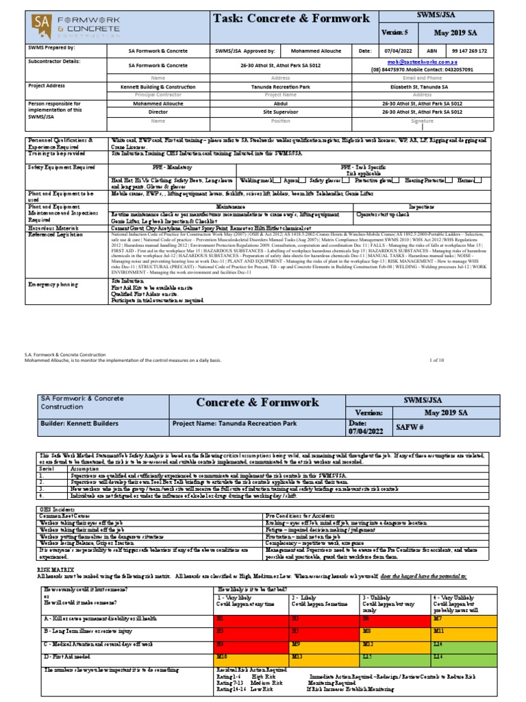 SWMS - Concrete | PDF | Dangerous Goods | Risk