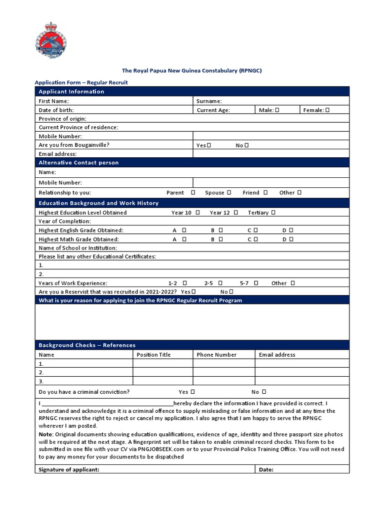 RPNGC 2025 Regular Recruit Application | PDF