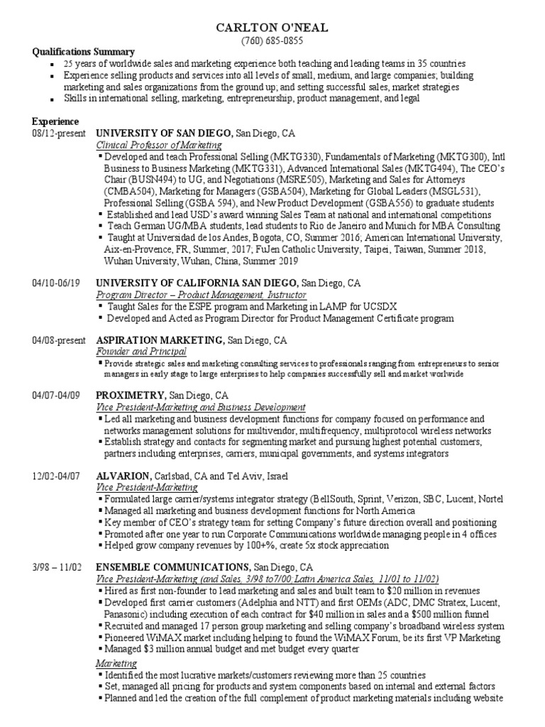 Carlton-Oneal Draft of CV | PDF | Sales | Marketing