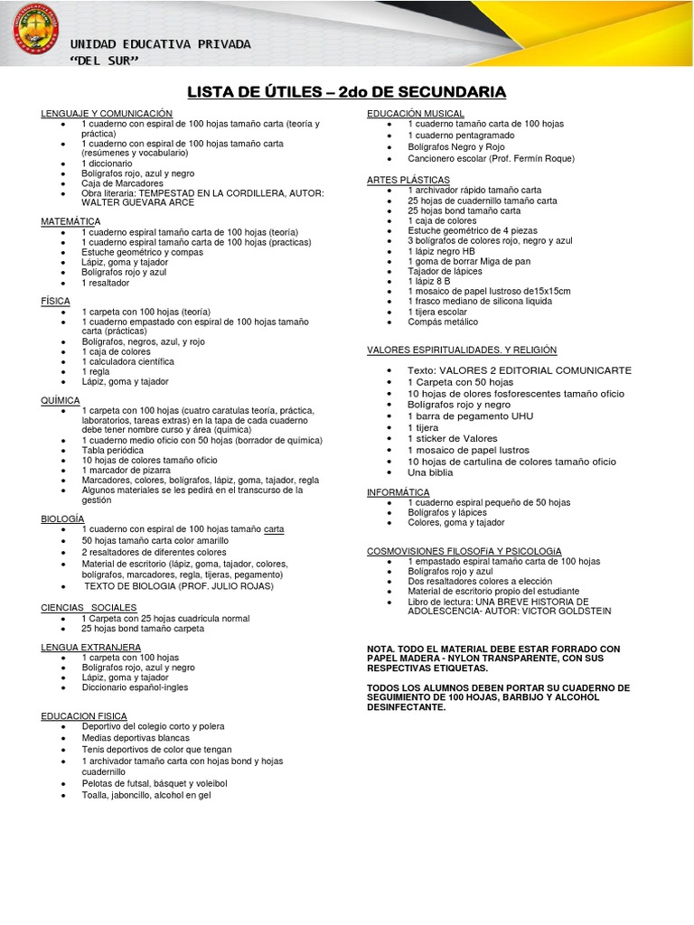 Lista de útiles 2do Secundaria | PDF | Lápiz | Herramientas