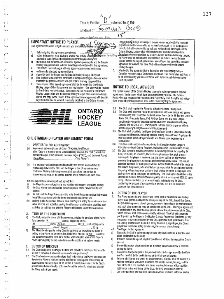 2013 OHL Standard Player Agreement With Schedules PDF PDF