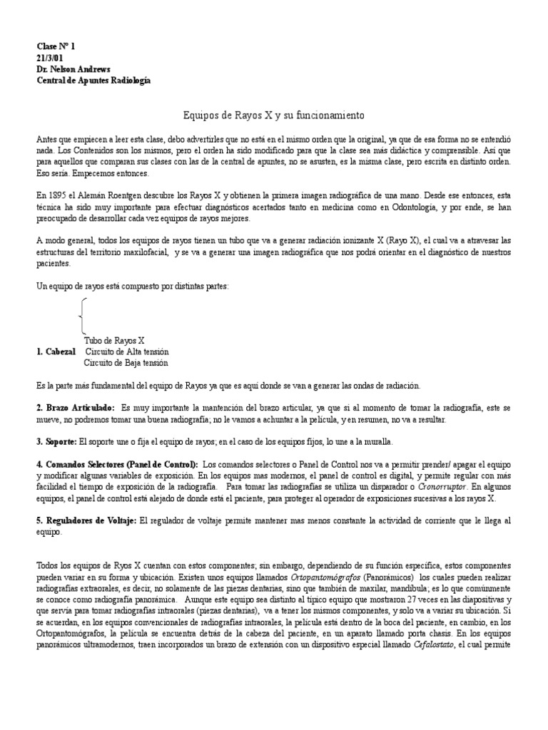 Funcionamiento básico de los equipos de rayos X y generación de
