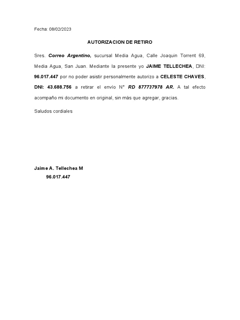 Autorizacion de Retiro Correo Argentino | PDF