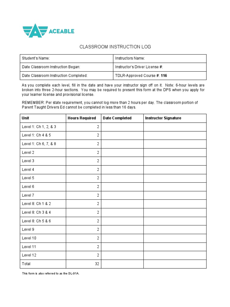 Aceable Classroom Instruction Log | PDF