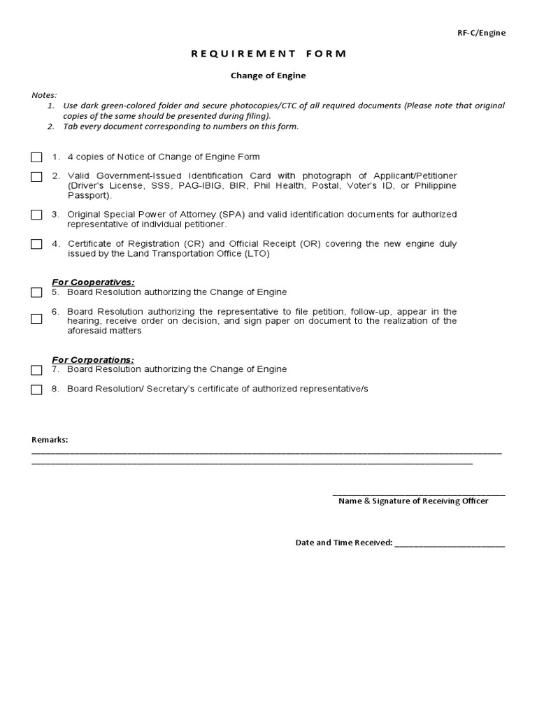 Engine Change Requirements Form | PDF
