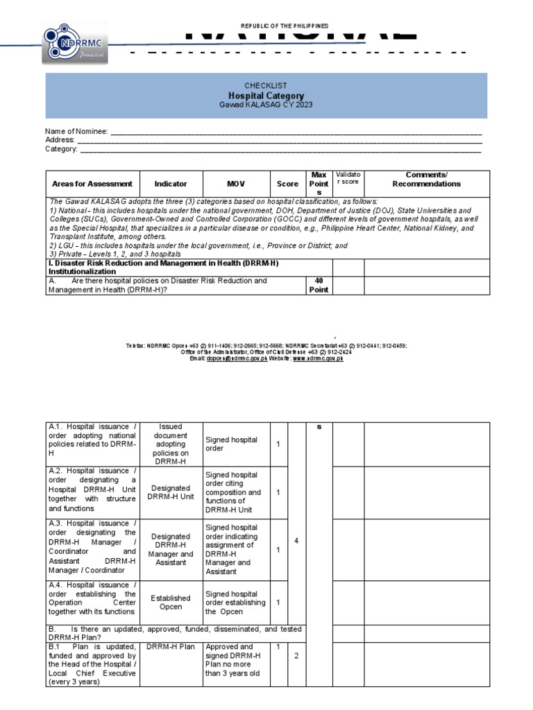 Gawad KALASAG Hospital Checklist 2023 | PDF | Emergency | Waste Management