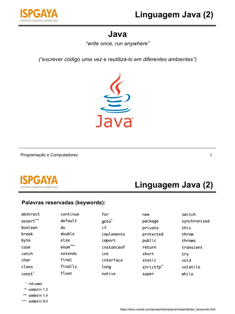 Java Keywords and Conditional Statements PDF Linguagem de