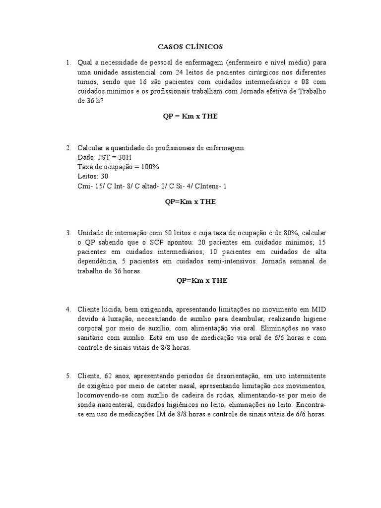 Casos Clinicos DIMENSIONAMENTO | PDF | Enfermagem | Programas sociais