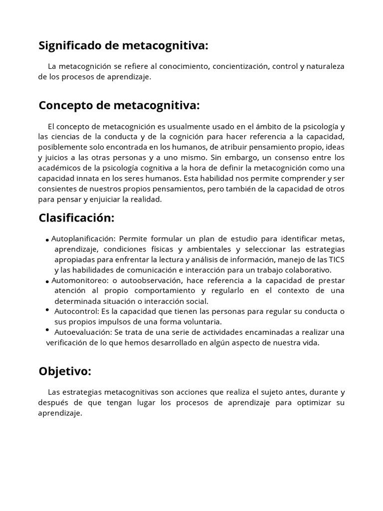 Estrategias de Metacognición en el Aula | PDF | Teoria de la mente ...