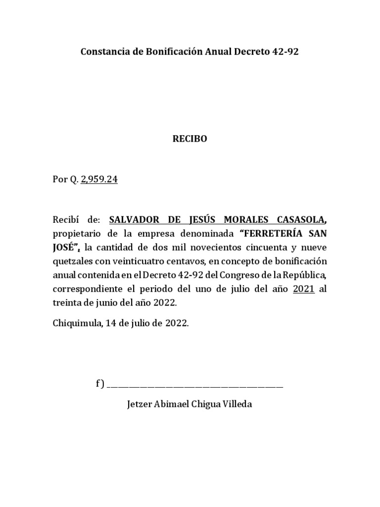 Constancia de Pago Bono 14 Guatemala | PDF
