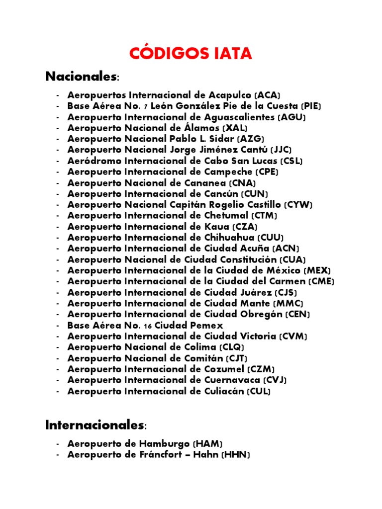 Códigos IATA de Aeropuertos Nacionales e Internacionales | PDF ...