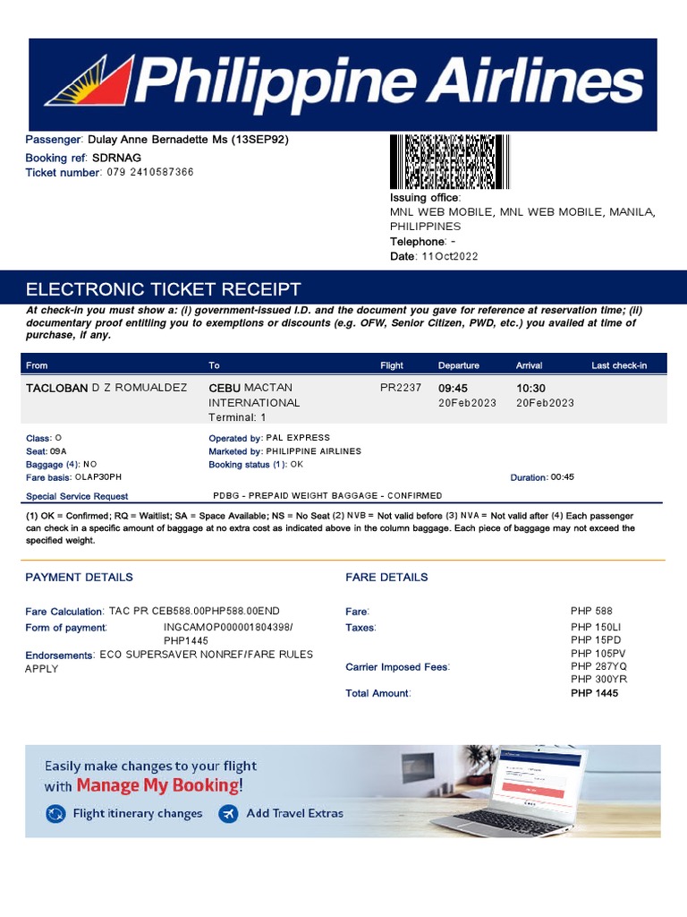 Electronic Ticket Receipt 20FEB For ANNE BERNADETTE DULAY | PDF ...