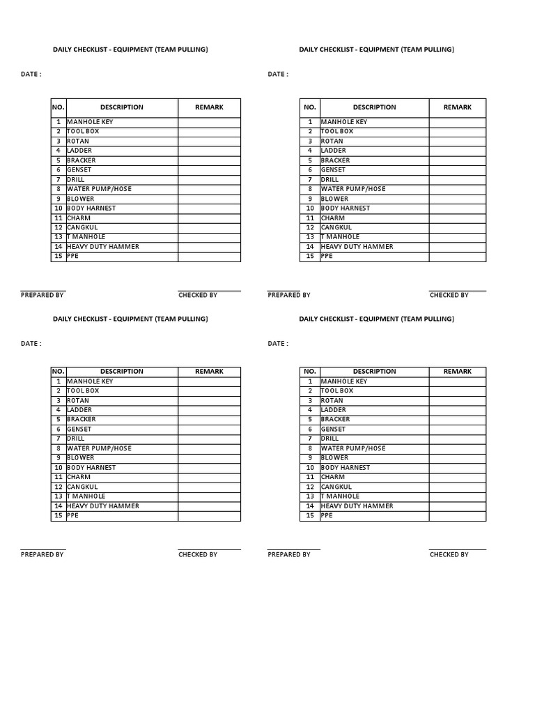 Daily Equipment Checklist | PDF | Manufactured Goods | Equipment
