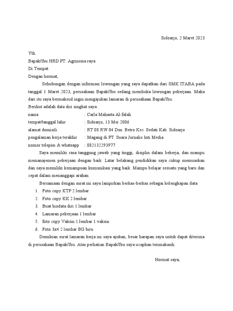 Contoh Surat Lamaran Kerja | PDF