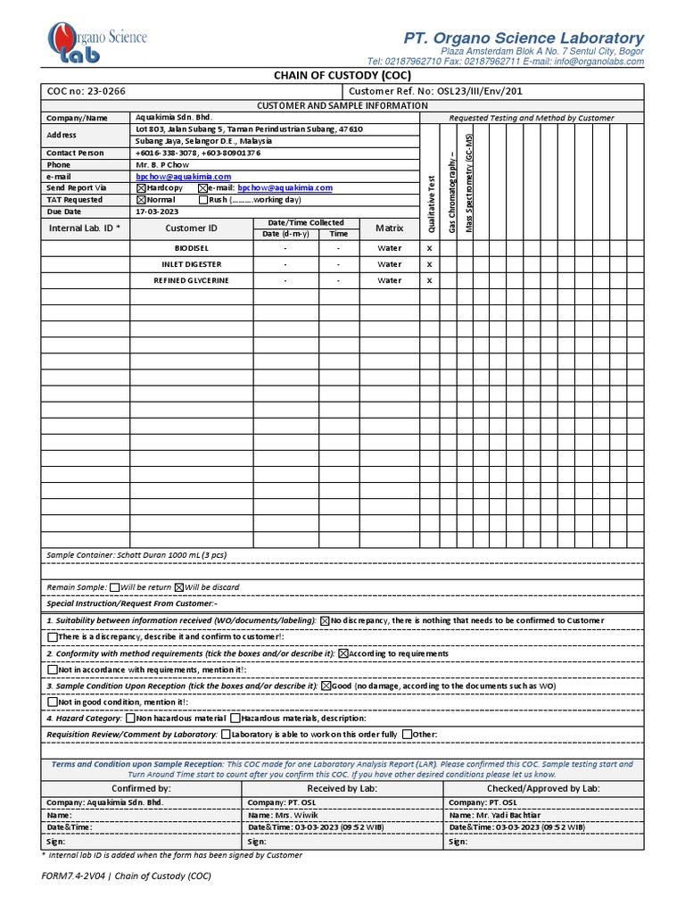 COC23-0266 FORM7.4-2V04 Chain of Custody (COC) - Aquakimia Sdn. BHD PDF ...