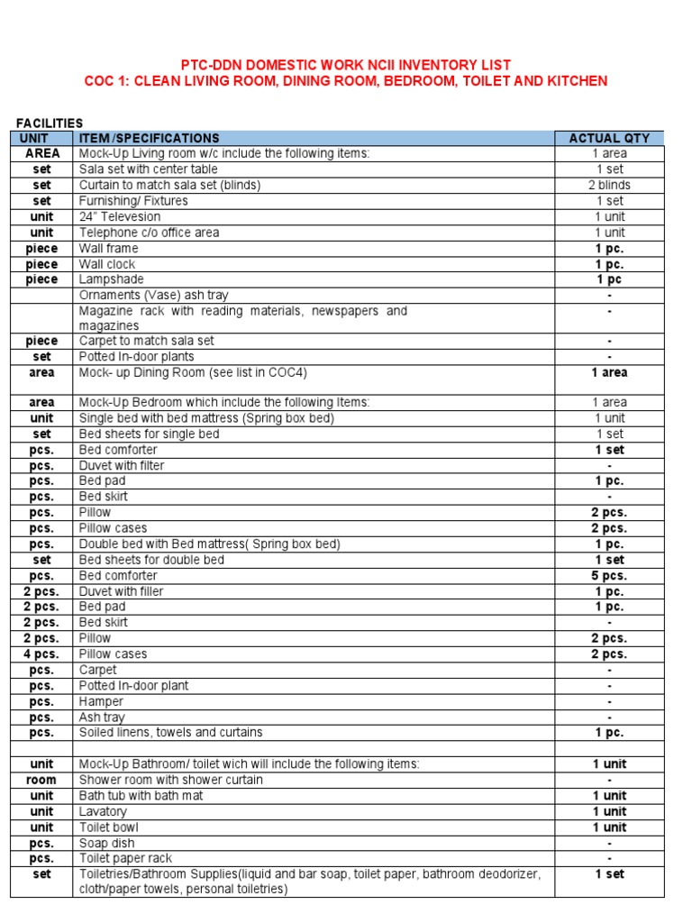 2023 Process Domestic Work NCIIMATERIALSTOOLSEQUIPMENTS PDF Bed