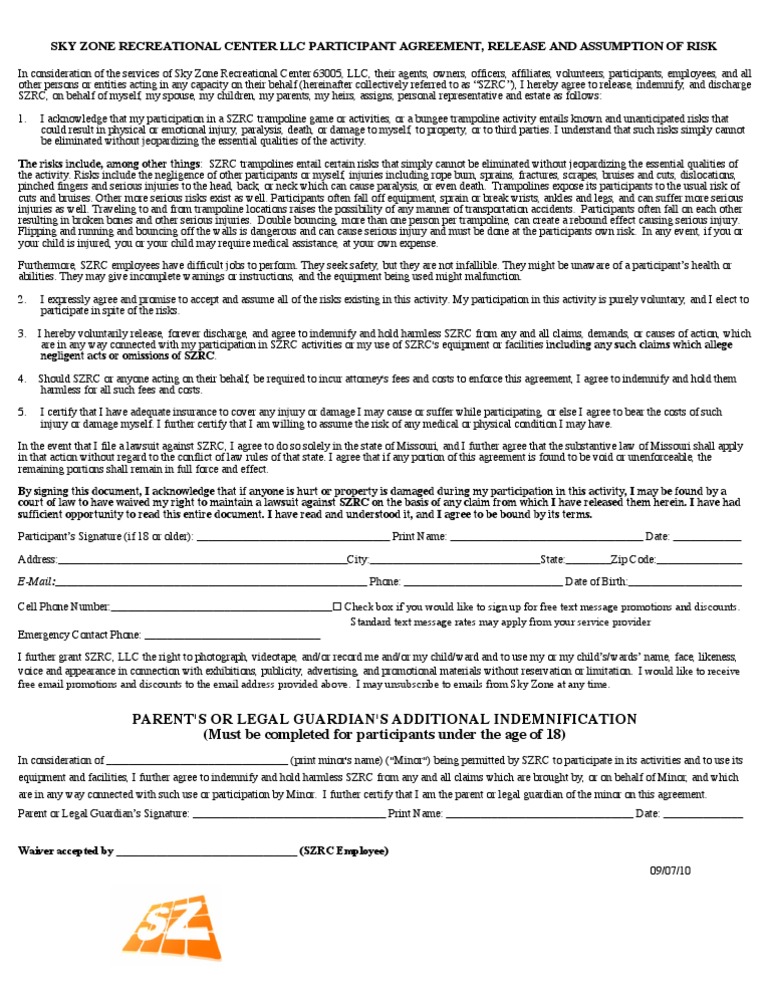 Skyzone Waiver PDF Indemnity Government