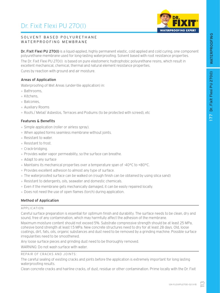 Dr. Fixit Flexi PU 270(I) Waterproofing Guide | PDF | Concrete | Civil ...