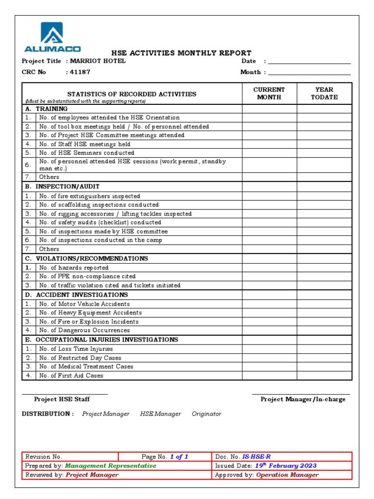 Hse Monthly Report Format In Excel