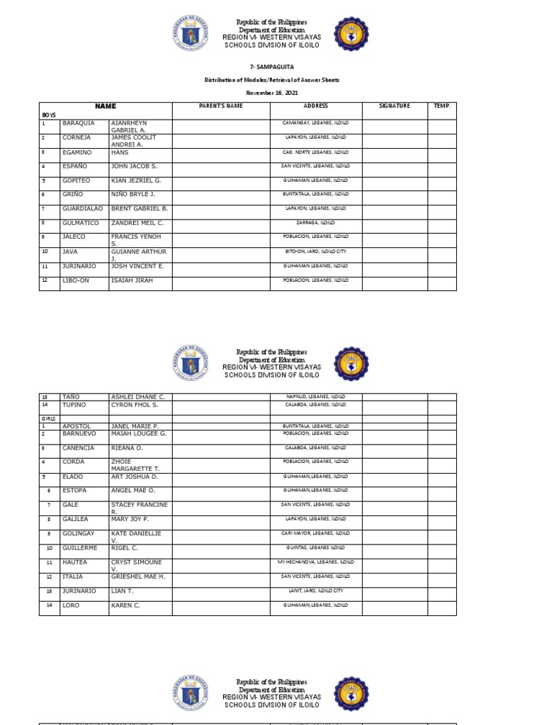 ATTENDANCE SHEET Grade 7 - SAMPAGUITA | PDF | Philippines