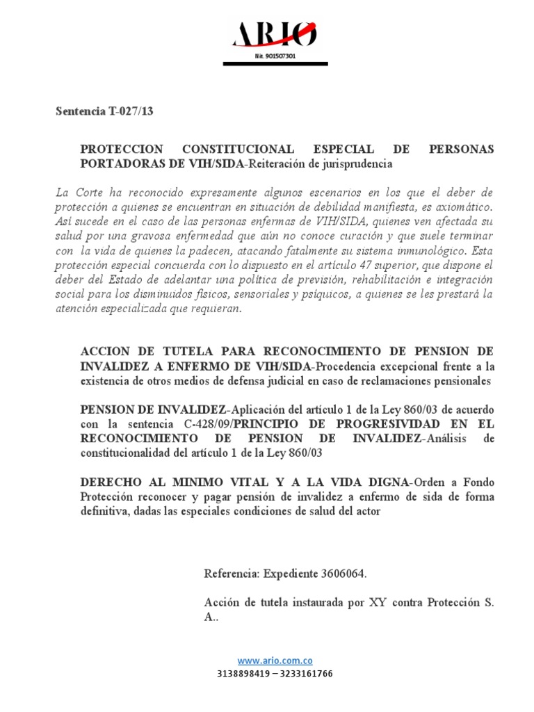 Sentencia T-027/13 sobre VIH/SIDA | PDF | Pensión | Derecho Constitucional