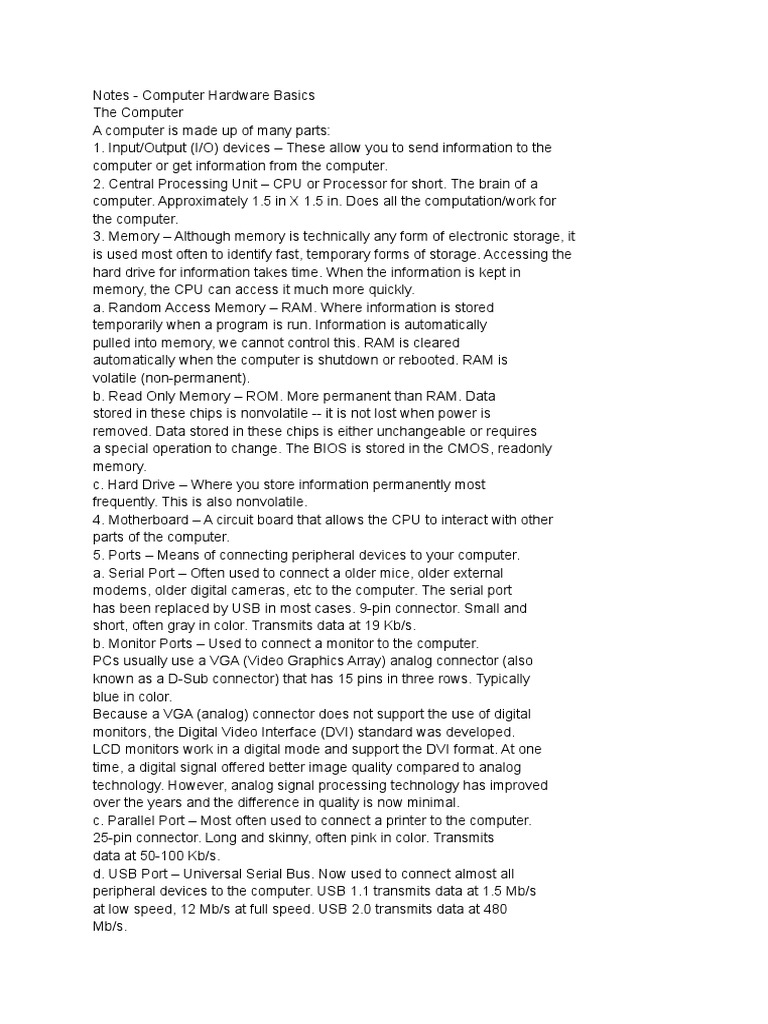 Computer Hardware Basics PDF Computer Data Storage Usb