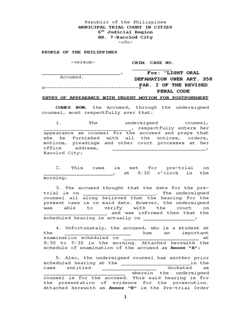 Motion to postpone scheduled hearing due to conflicting schedules and