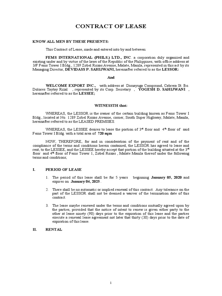 Contract of Lease Fems Bidding PDF Lease Law And Economics
